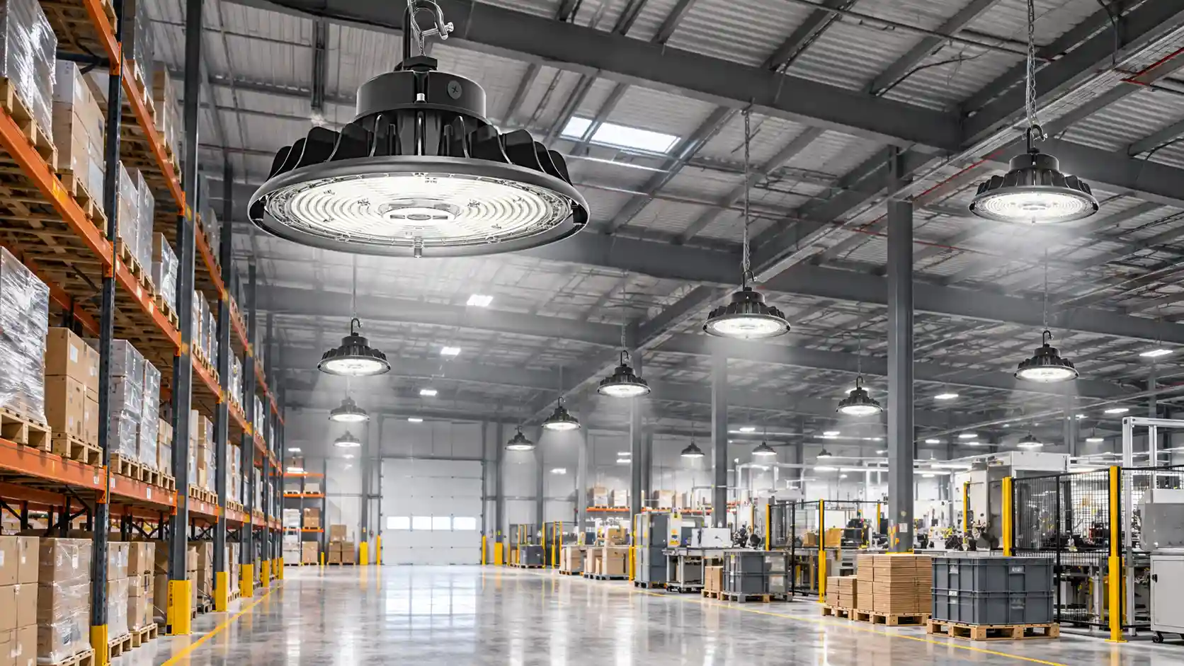 Warehouse interior illuminated by industrial high bay lights